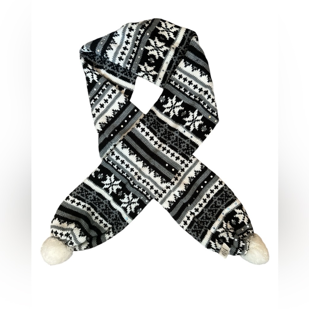 OLD NAVY Pom Pom Thick Sweater Neck Warmer Wrap Black White Sequin 72x7 Inches